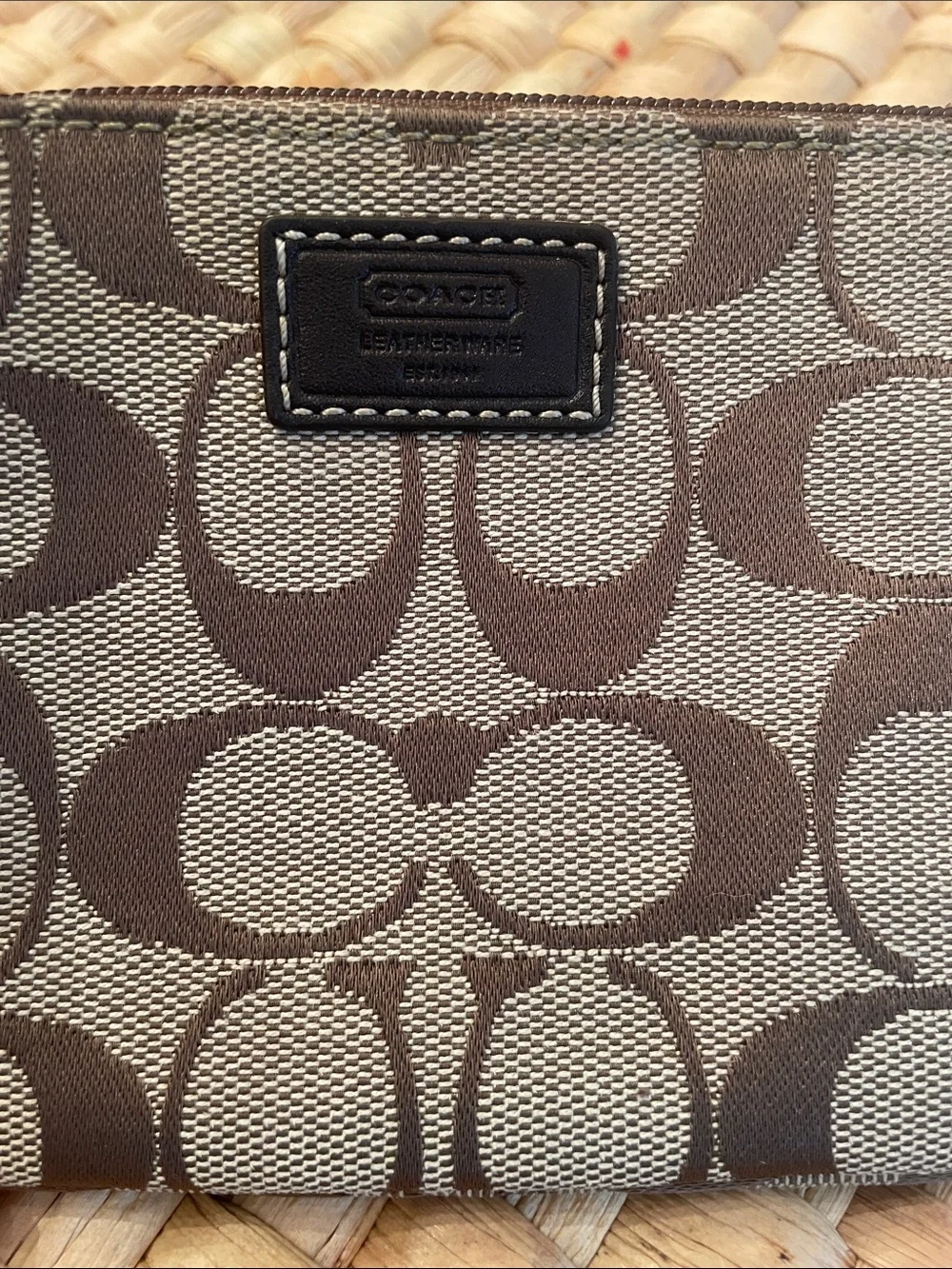 Coach Brown Signature Jacquard Wristlet with Leather Strap and Hang Tag EUC